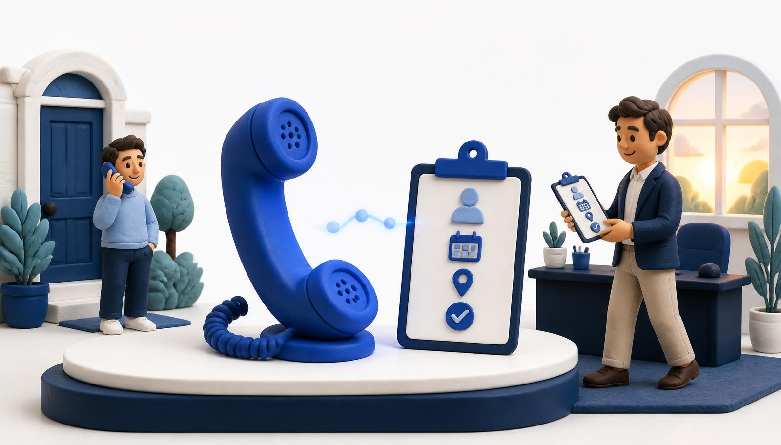Clay-style illustration of an after-hours call being answered and prepared for a business team to follow up the next day.
