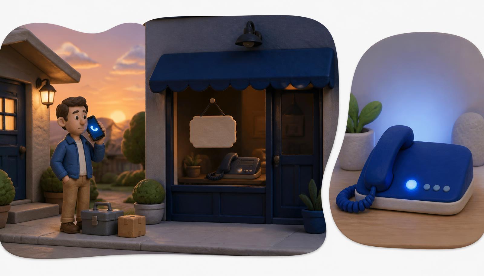 Clay-style illustration of an after-hours customer call while a local business is closed and an AI receptionist answers the opportunity.