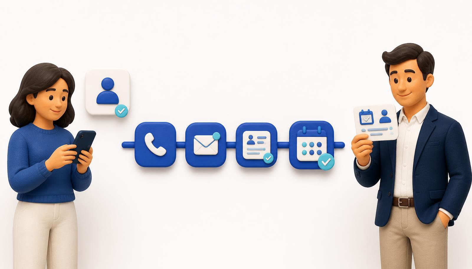Clay-style illustration showing a new lead moving from inquiry through call and text follow-up to a confirmed appointment and team handoff.