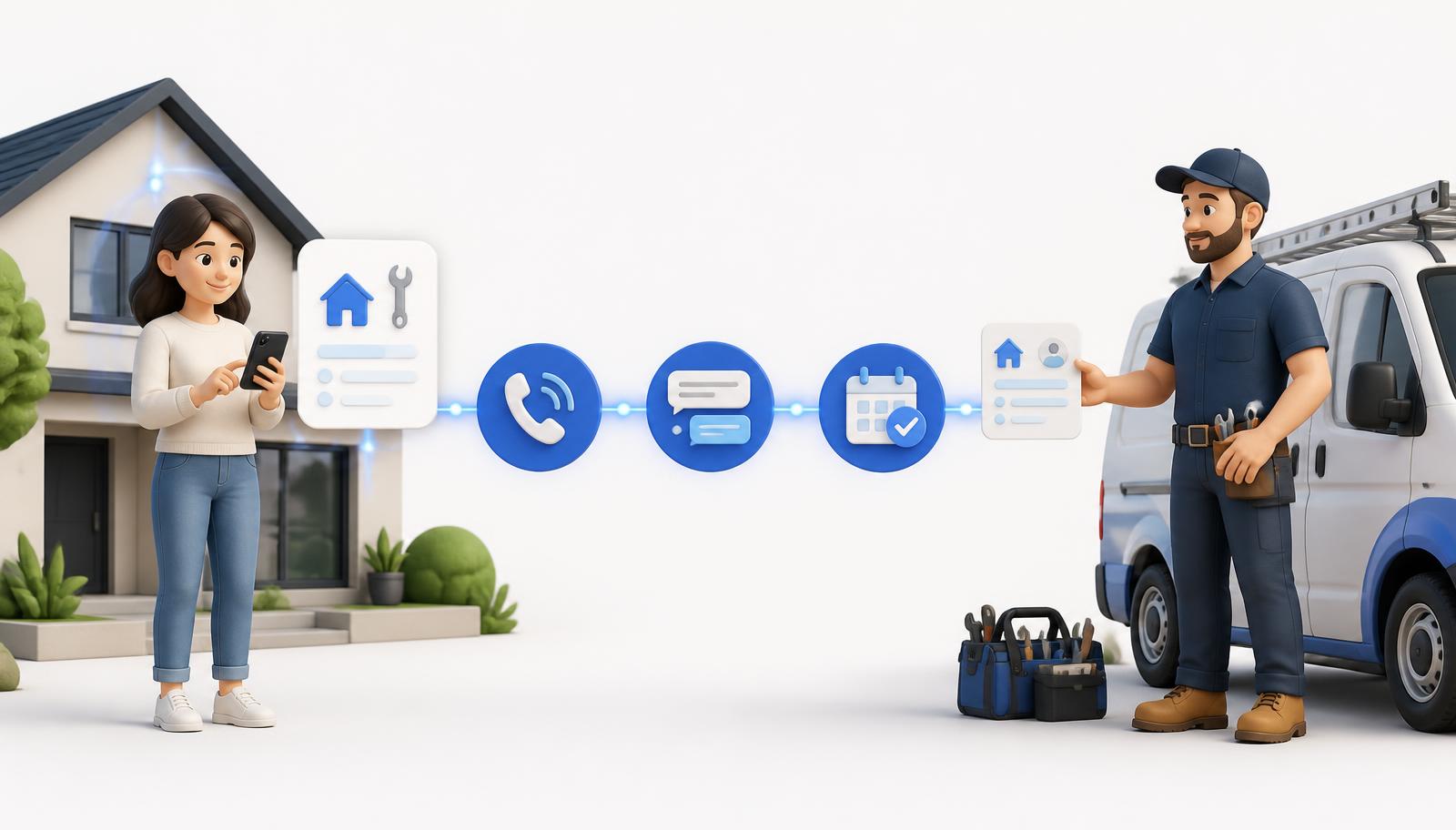 Clay-style illustration showing a homeowner requesting home service, a lead follow-up process with call, text, and booking steps, and a service professional receiving the qualified opportunity.