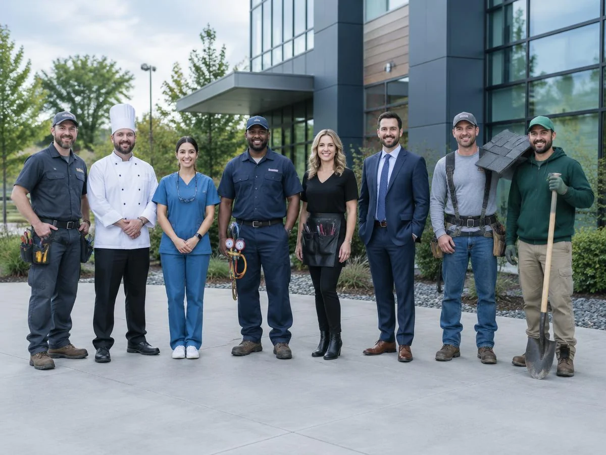 Eight professionals including an electrician, chef, dental provider, HVAC technician, salon owner, lawyer, roofer, and landscaper standing together