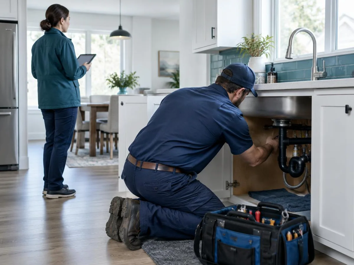 Plumber working beneath a kitchen sink with a toolbox while a contractor holds a tablet in the background