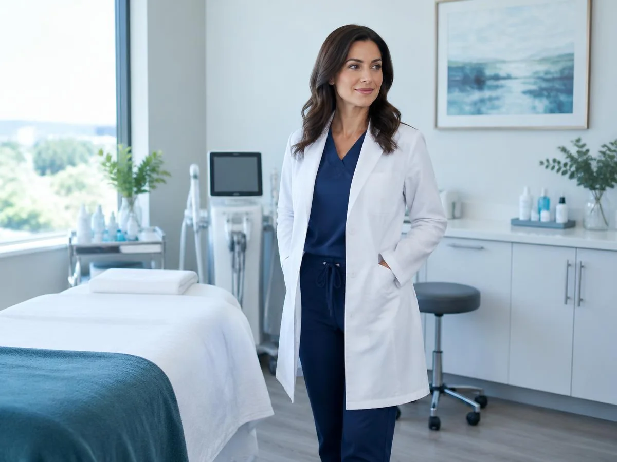 Healthcare provider in a white coat in a bright treatment room