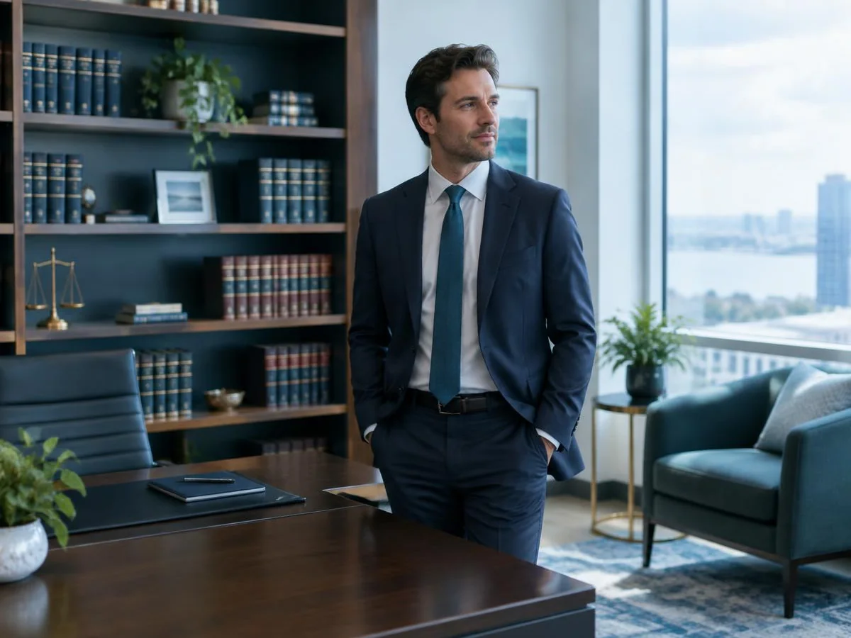 Attorney in a suit standing in a bright office with bookshelves