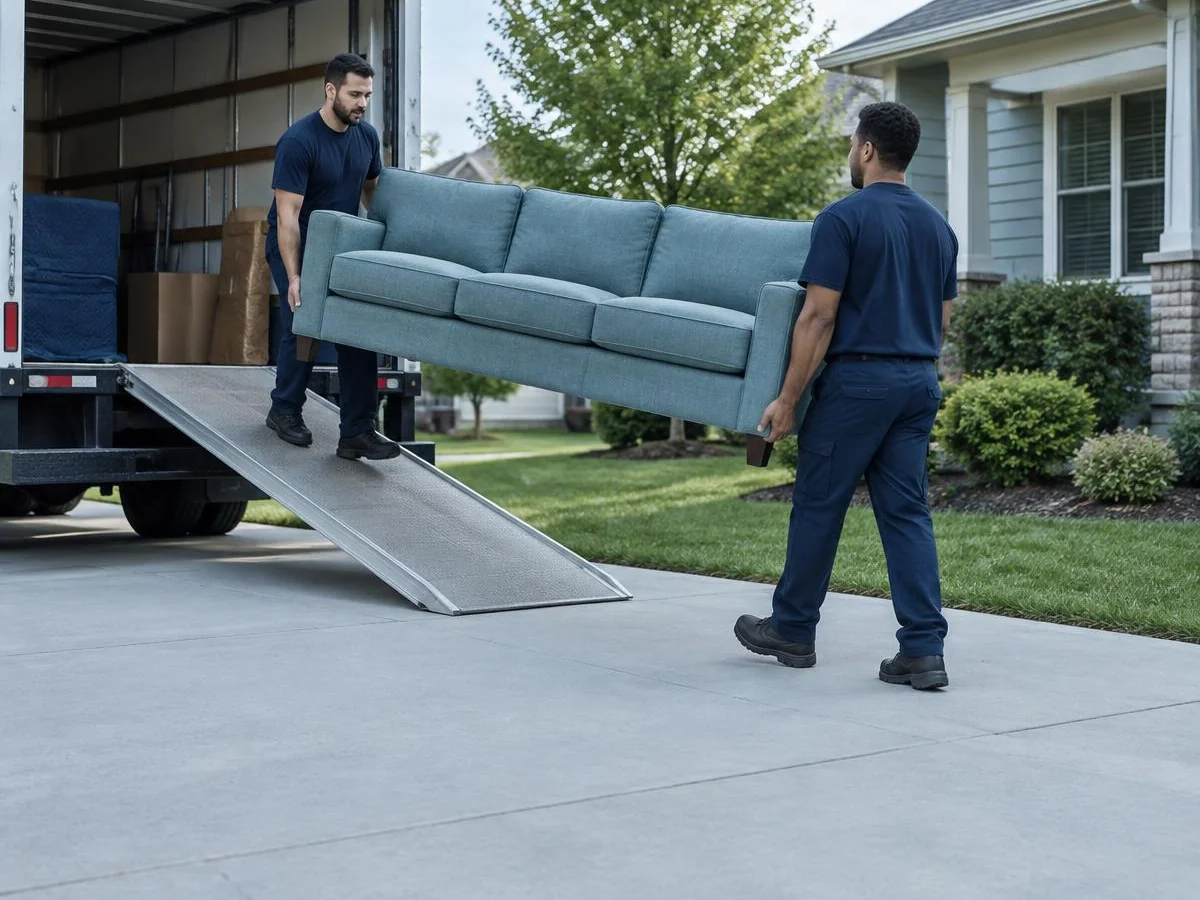 Two movers in matching navy work shirts carrying a sofa out of a truck at a suburban home