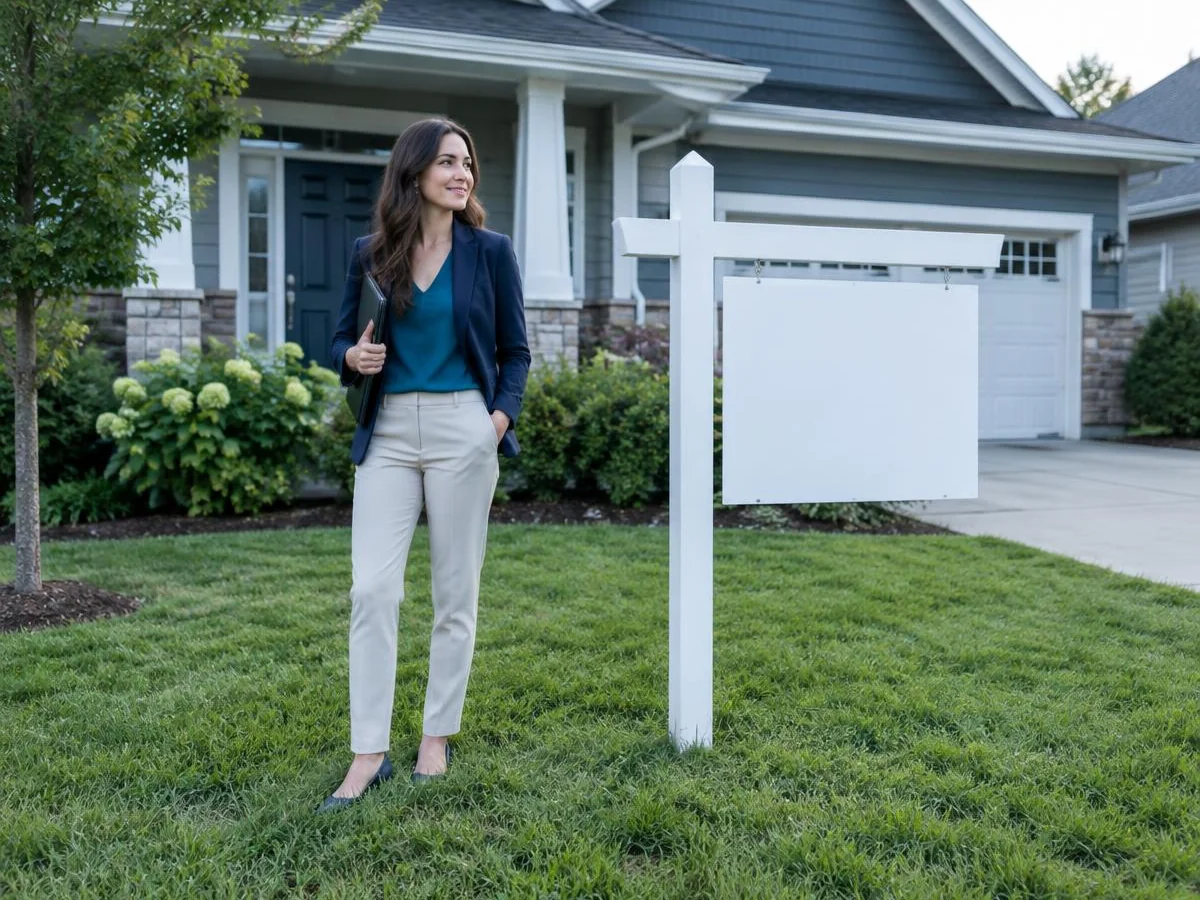 Real estate agent in business casual beside a blank yard sign in front of a house