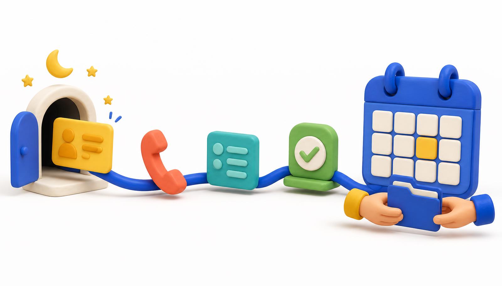 Clay-style illustration of an after-hours lead moving along a path through a call, a text follow-up, and a qualification checkpoint to a booked calendar slot and a handoff to the sales team.