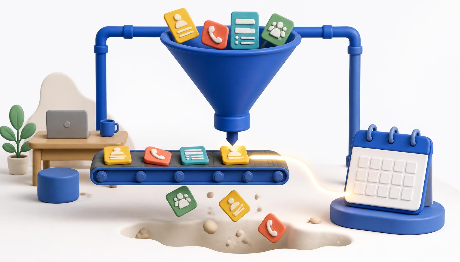 Clay-style illustration of new leads pouring into a funnel while several slip off a conveyor belt before reaching an empty appointment calendar.