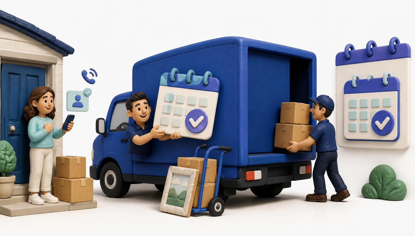 Clay-style illustration of a moving truck, sales rep, and moving crew turning a new moving lead into a confirmed job on the calendar.