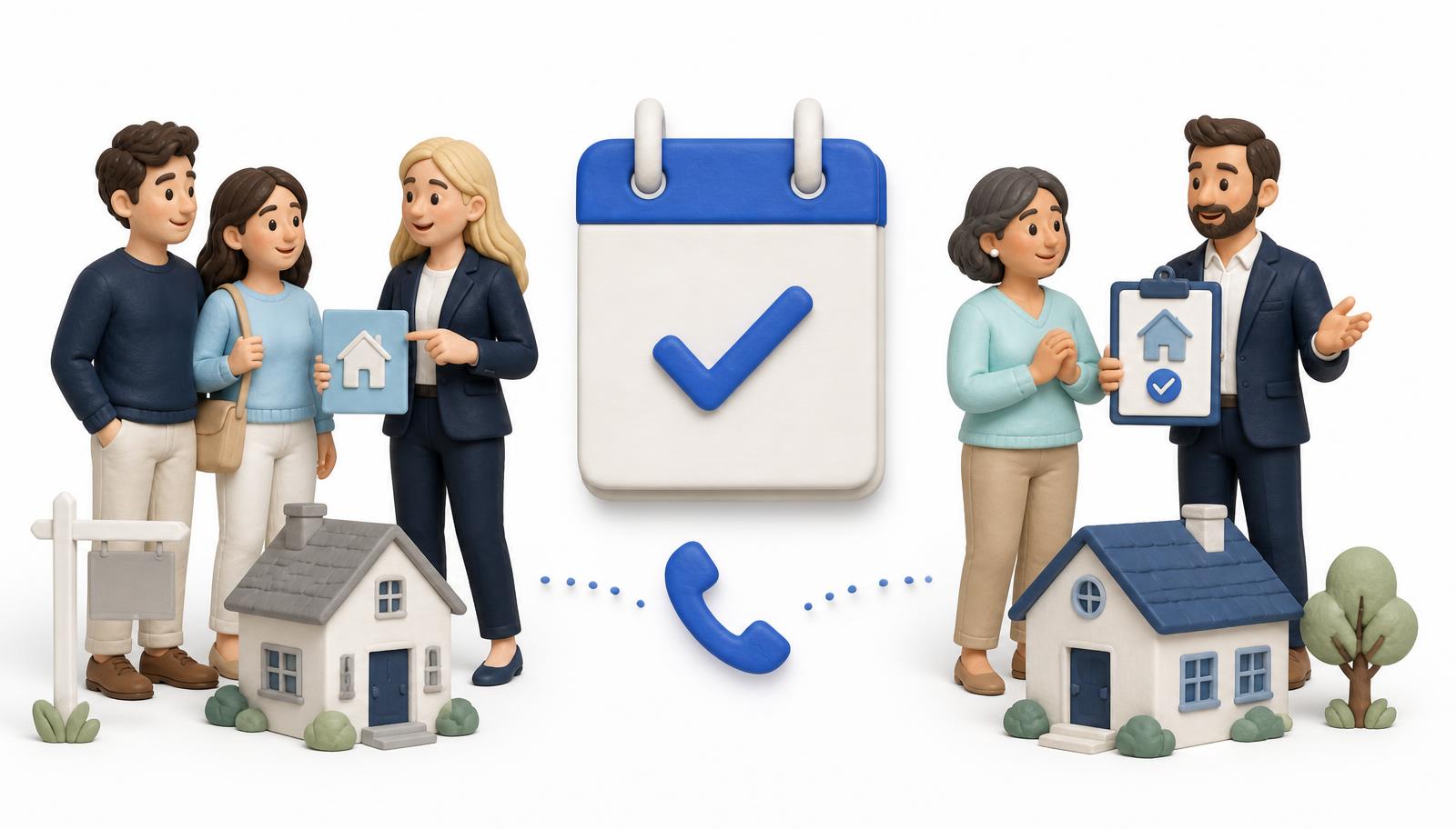 Clay-style illustration of buyer and seller real estate leads taking different paths toward a confirmed appointment on the calendar.