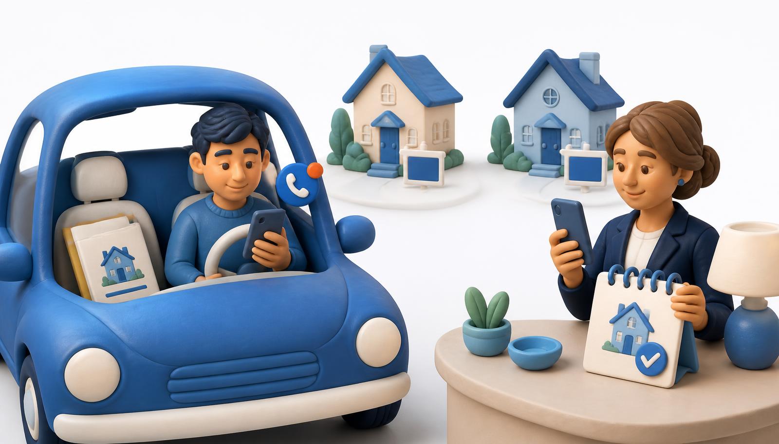 Clay-style illustration of a prospective home buyer noticing a missed agent call while another agent makes it easy to schedule the next conversation.